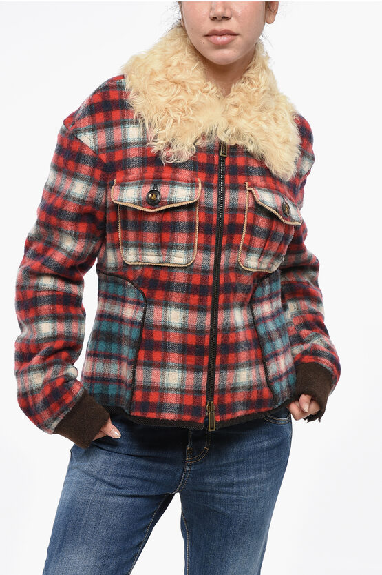 Dsquared2 Checked Flannel Jacket With Real Fur Collar In Red