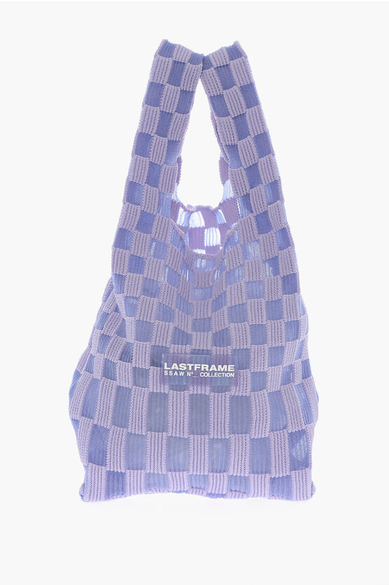 Shop Last Frame Checked Knitted Tote Bag With Faux Leather Shoulder Strap