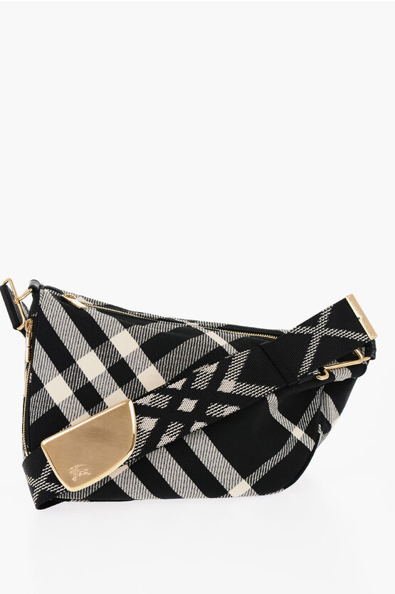 Shop Burberry Checked Shield Messenger Crossbody Bag With Golden Details