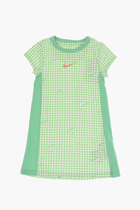 Nike Checked Tee Dress With All-over Logo In Gold