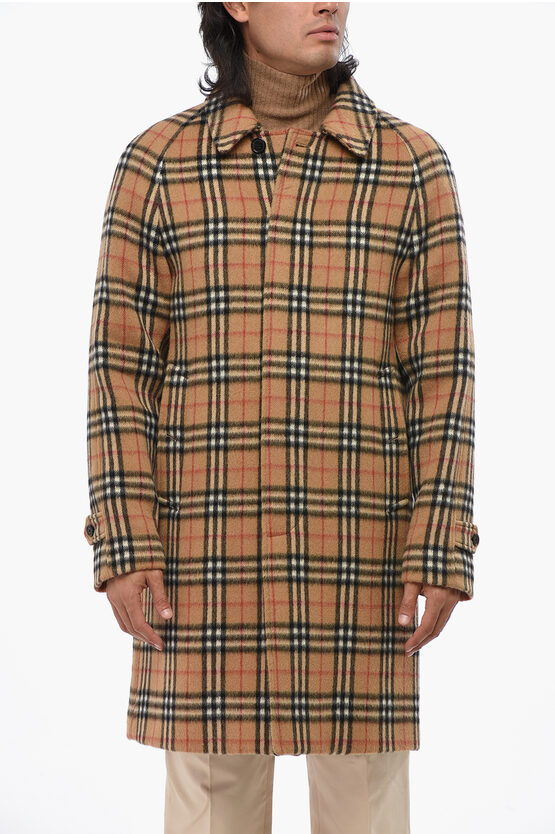 Burberry Checked Wool Blend Coat With Hidden Buttoning In Brown