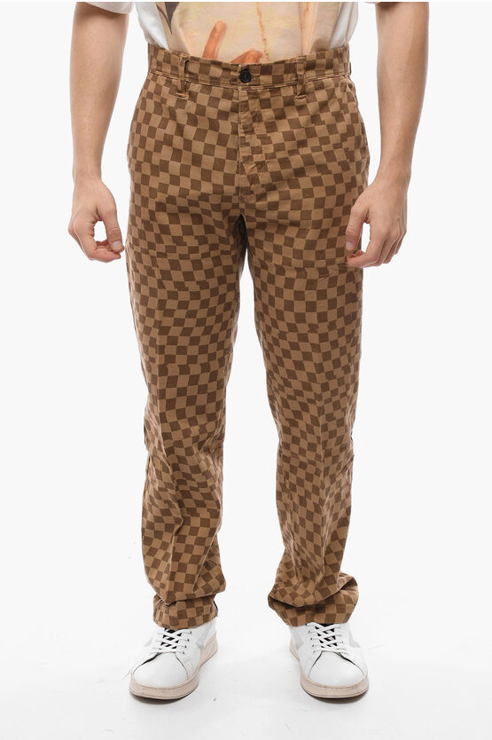 Incotex Checkered Cotton Loose Fit Chinos Pants In Brown