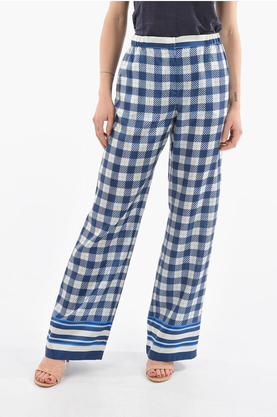 Alberta Ferretti Checkered Motif Silk Pants In Blue