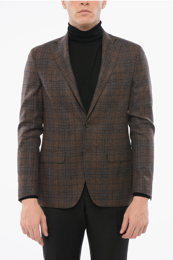 Corneliani Checkered Motif Wool Blend Single Breasted Blazer With Jette In Brown