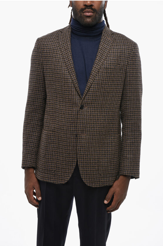 Nino Danieli Checkered Motif Wool Blend Single Breasted Blazer With Patch In Brown
