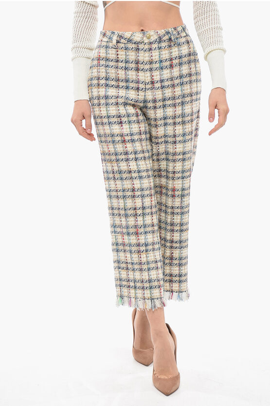 Shop Etro Cropped Fit Tweed Pants With Fringed Bottom