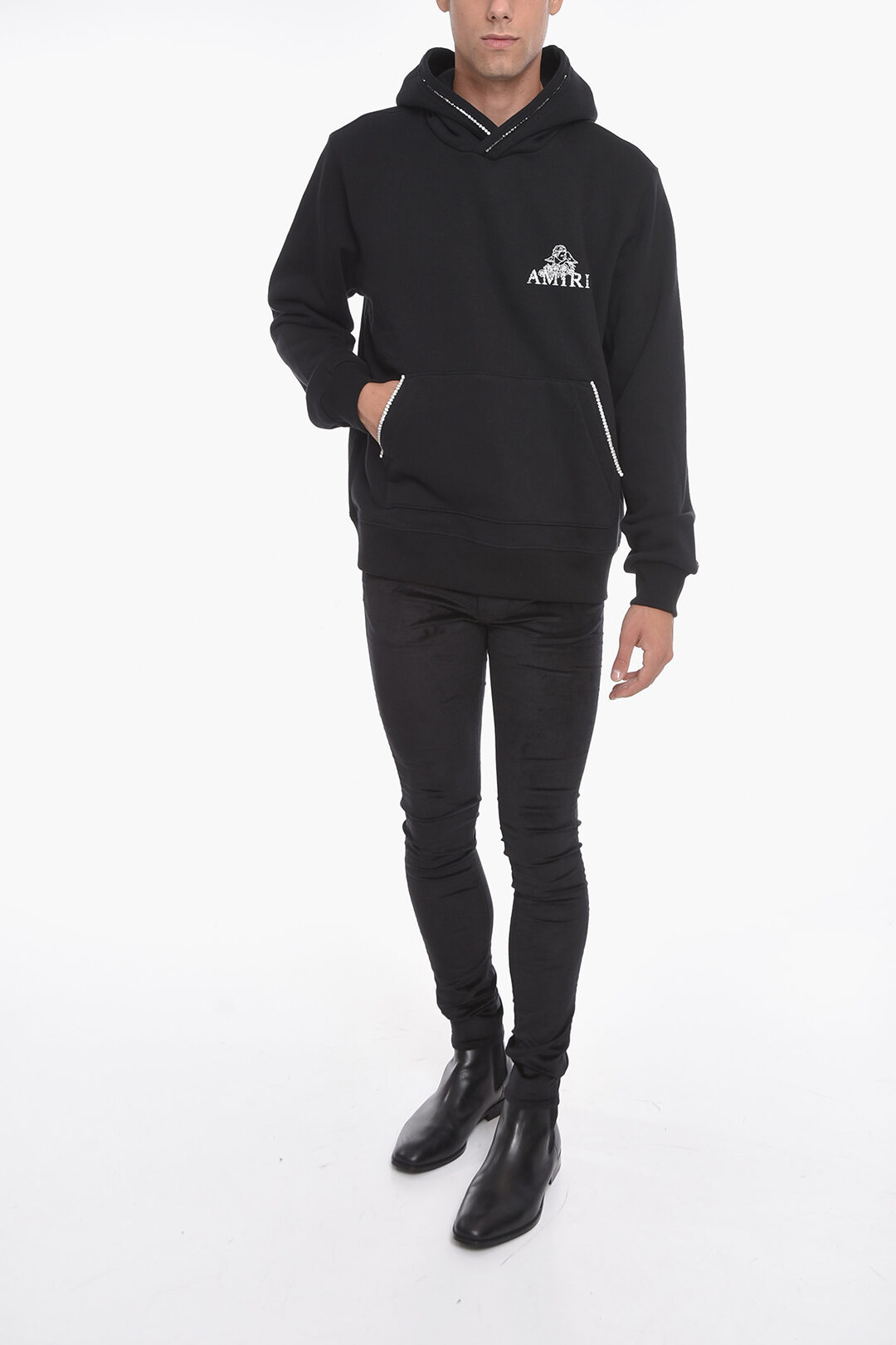 送料関税込み【AMIRI】CHERUB PALM HOODIE in BLACK Amiri CHERUB Hoodie Sweatshirt with Crystal Detail men
