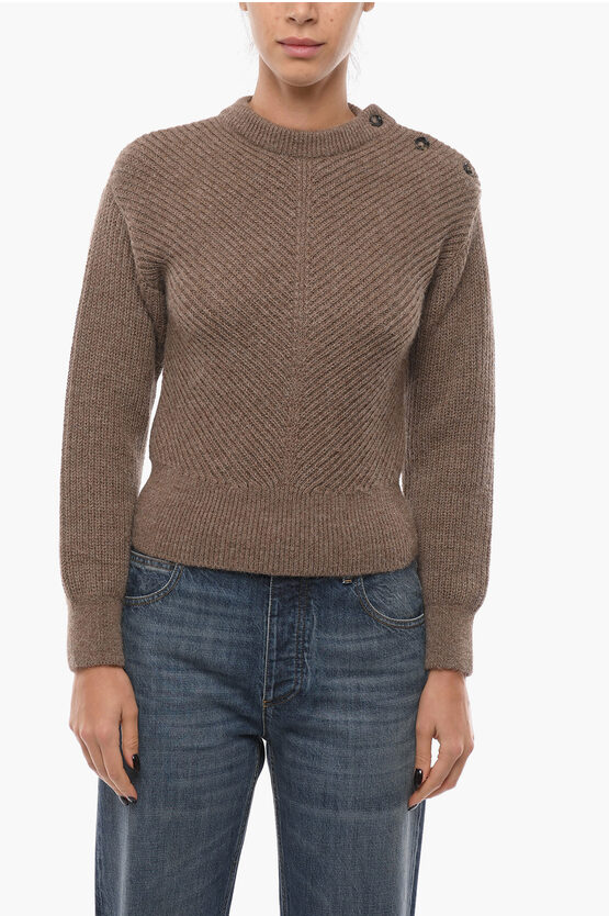 Bottega Veneta Chevron Motif Alpaca Crew-neck Sweater With 3-buttons In Brown