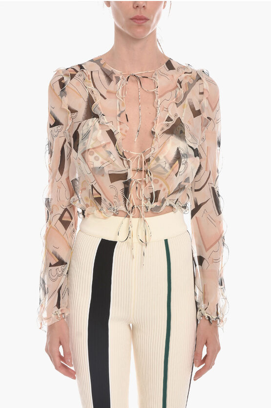 Fendi Chiffon Cropped Shirt With Front Ties In Multi