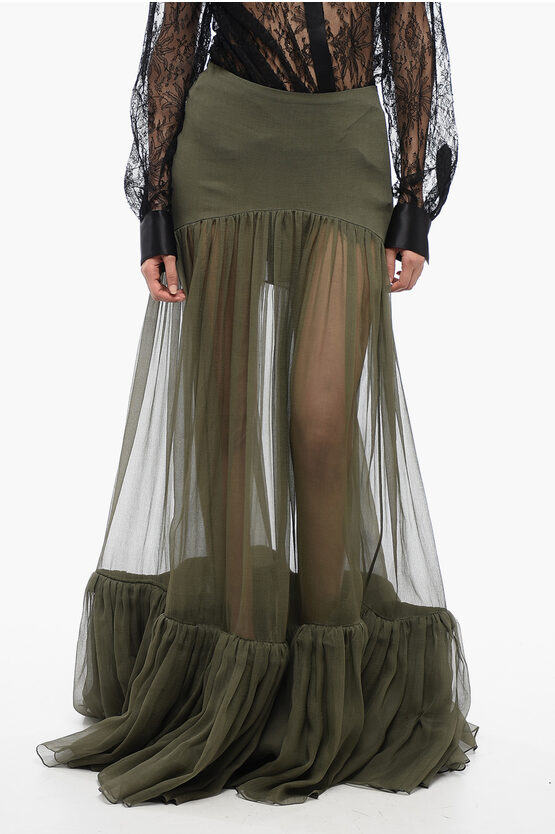 Saint Laurent Chiffon Maxi Skirt With High Waist In Green