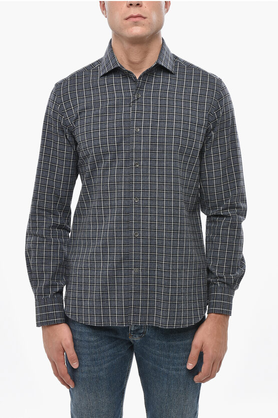 Corneliani Circle Checked Cotton Blend Shirt With Spread Collar In Gray