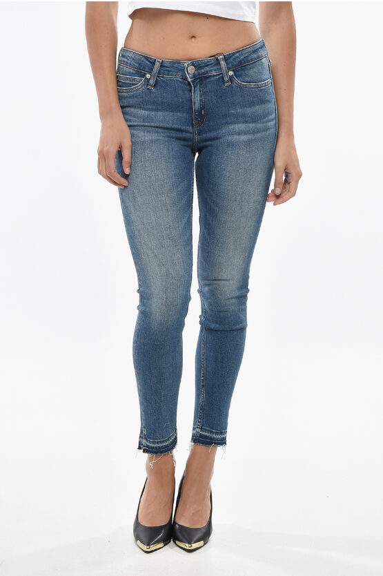 Calvin Klein Ckj Super Skinny Jeans With Frayed Hem 13cm In Blue