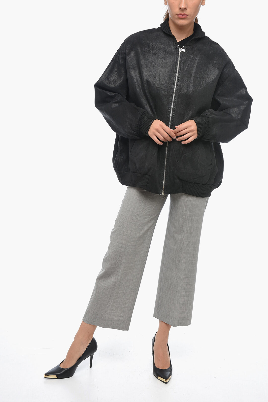 Dont At Me Label Coated Cotton Bomber Jacket with Front Zip women