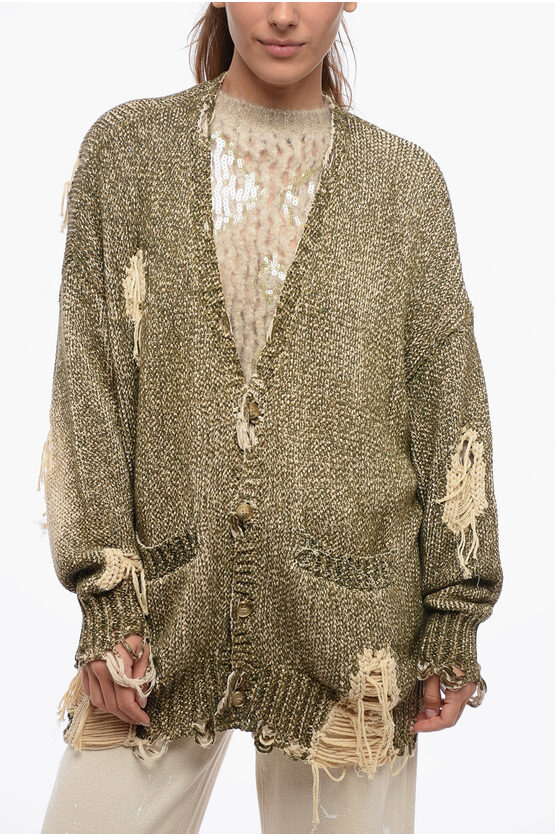 R13 COATED COTTON JUMBO DISTRESSED CARDIGAN 