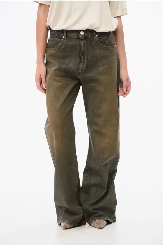 Pinko Coated Cotton Wide Leg Wanda Jeans 28cm In Green