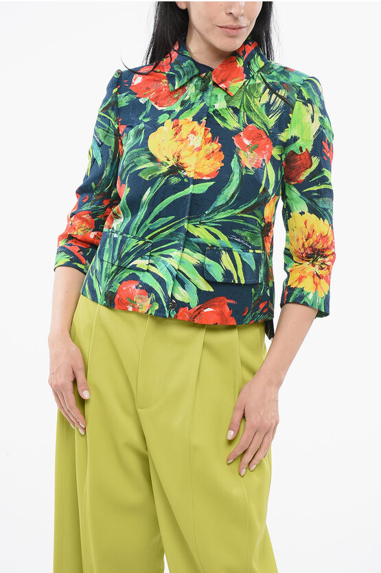 DOLCE & GABBANA COLLARED CROPPED BLAZER WITH FLORAL PATTERN