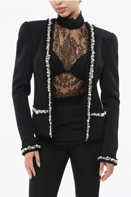 Balmain Embellished Tulle-trimmed Wool And Cotton Blazer In Black