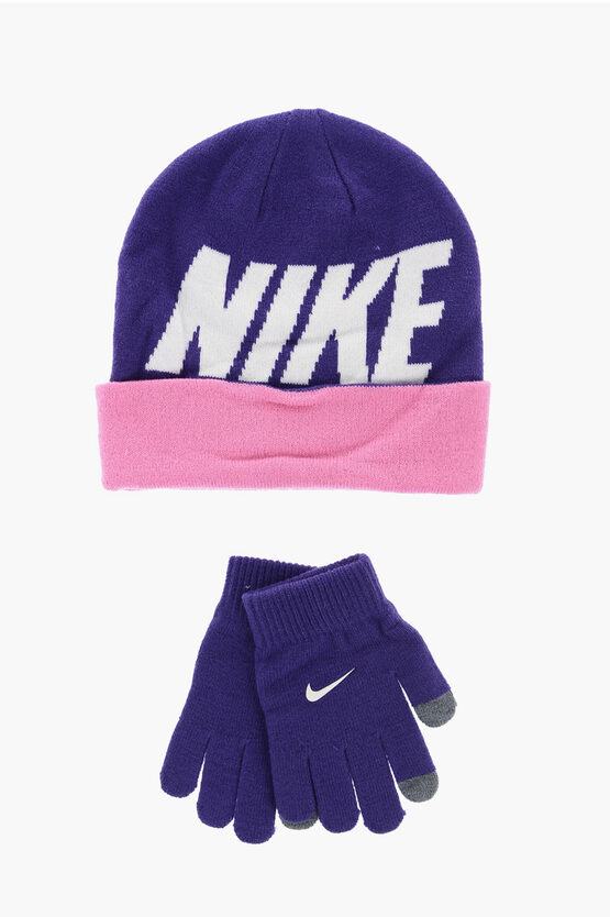 Nike Colour Block Beanie And Gloves Set In Multi