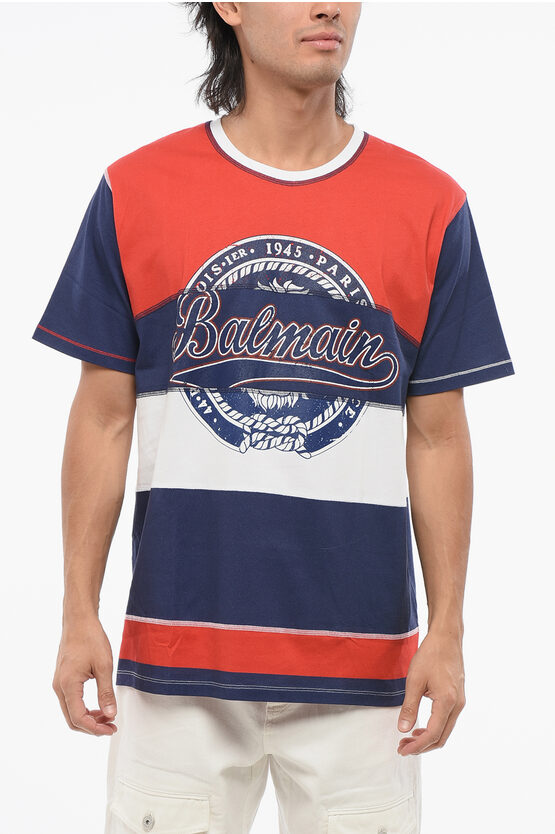 Balmain Color Block Crew-neck T-shirt With Printed Logo In Multi