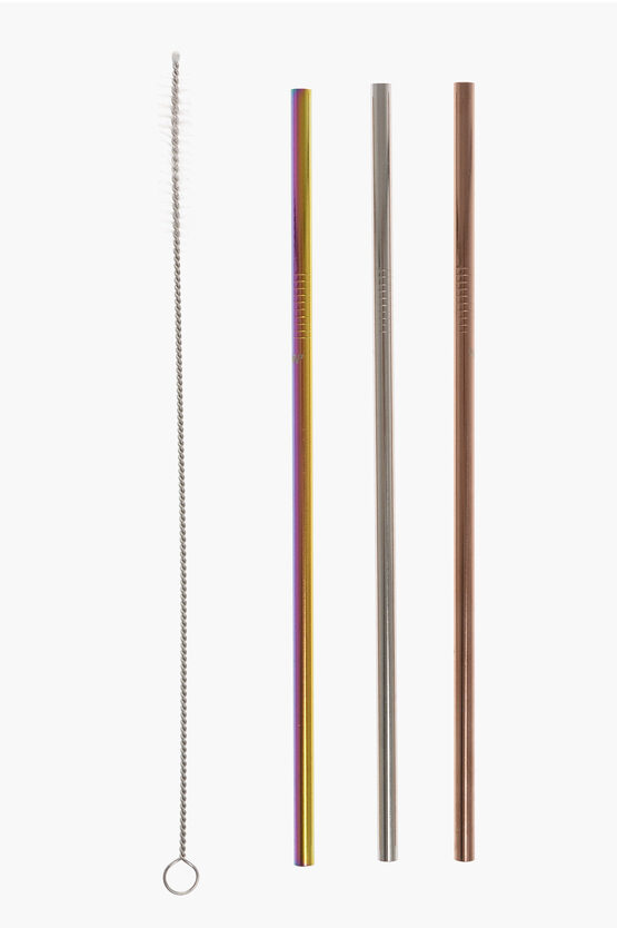 Wood'd Colored Metal Of 3 Straws Set In Multi
