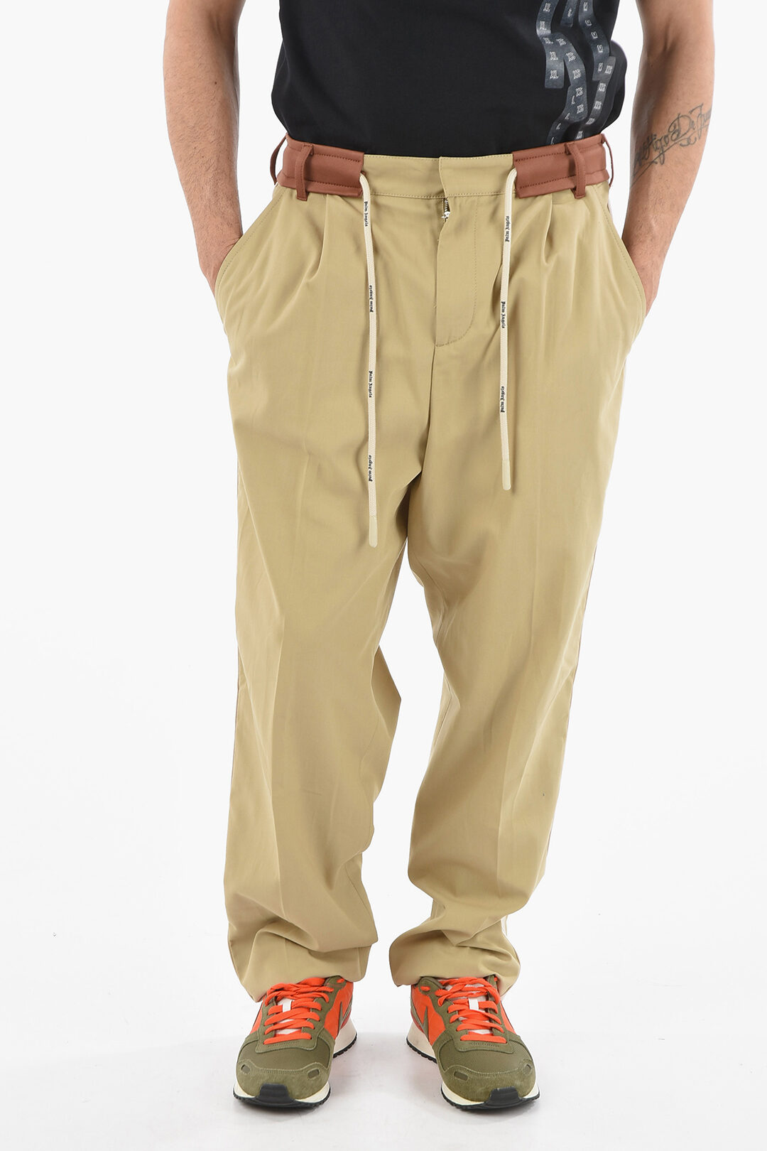 Palm Angels Contrasting Band Cotton Pants with Drawstring men