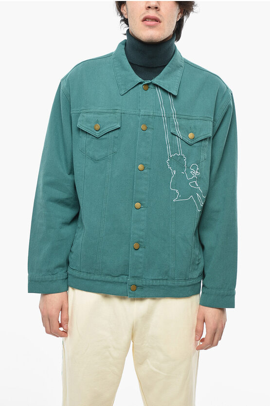 Kidsuper Contrasting Embroidered Detail Denim Jacket In Green