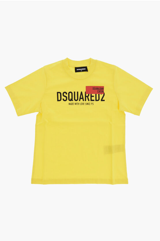 Dsquared2 Kids' Contrasting Logo Slouch Fit Crew-neck T-shirt In Yellow