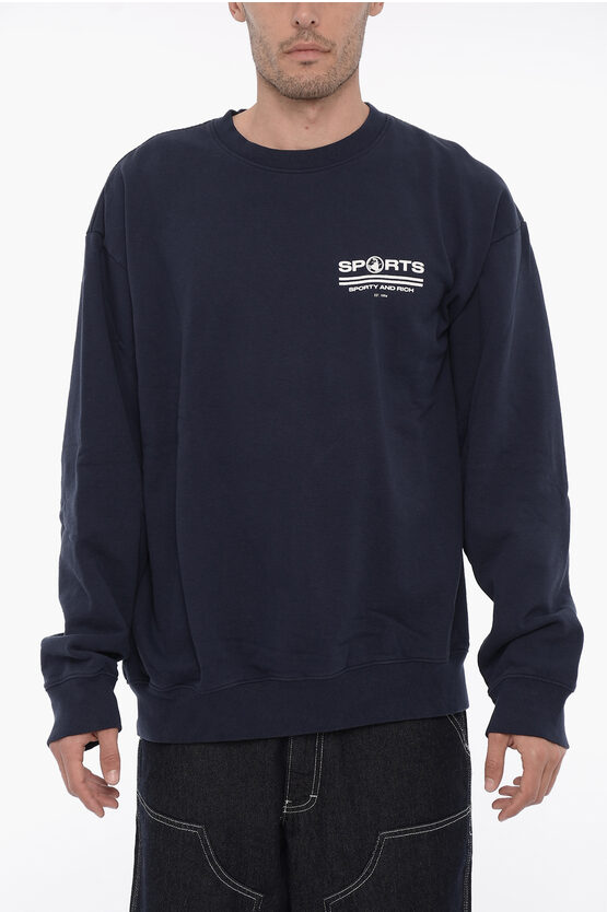 Sporty And Rich Contrasting Printed Cotton Crew-neck Sweatshirt In Blue