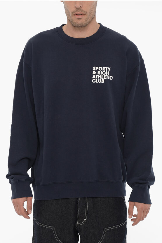 Sporty And Rich Contrasting Printed Fleeced Crew-neck Sweatshirt In Blue