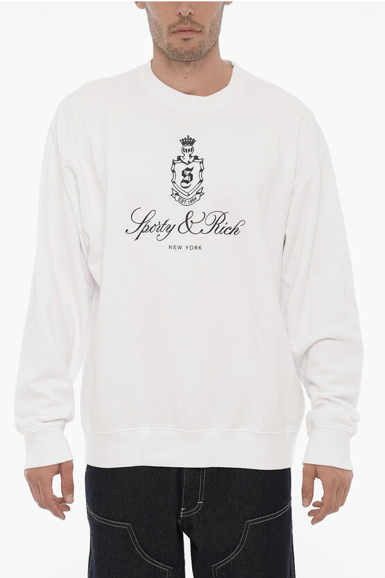 Sporty And Rich Contrasting Printed Fleeced Crew-neck Sweatshirt In White
