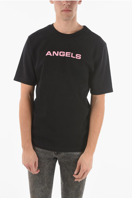 Liberal Youth Ministry Contrasting Printed Solid Colour Angels T-shirt In Black