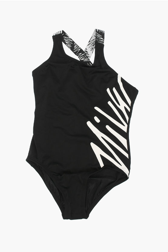 Nike Contrasting Side Logo Printed One Piece Swimsuit In Black