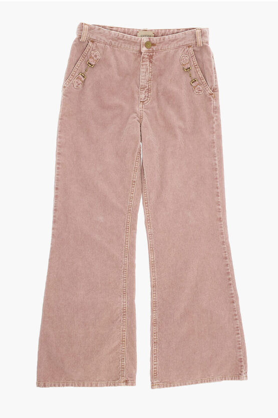 Gucci Cordoroy Casual Trousers With Golden Details In Pink