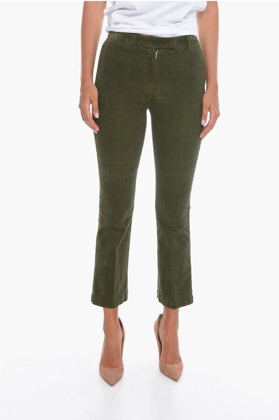 Ql2 Corduroy Cropped Trousers With Flared Leg In Green