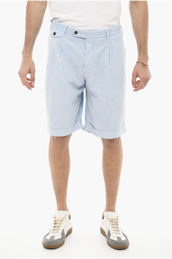 Pt01 Corduroy Double-pleat Shorts In Blue