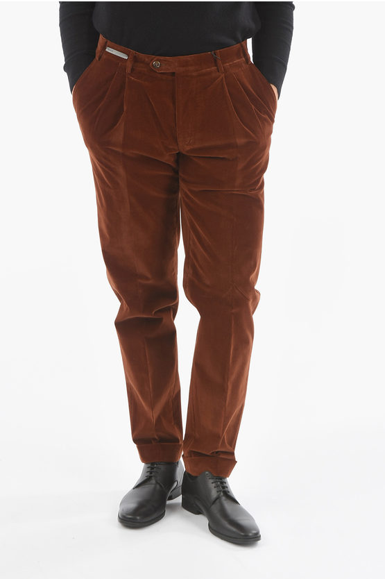 Corneliani Corduroy Pants With Double Pleat In Brown