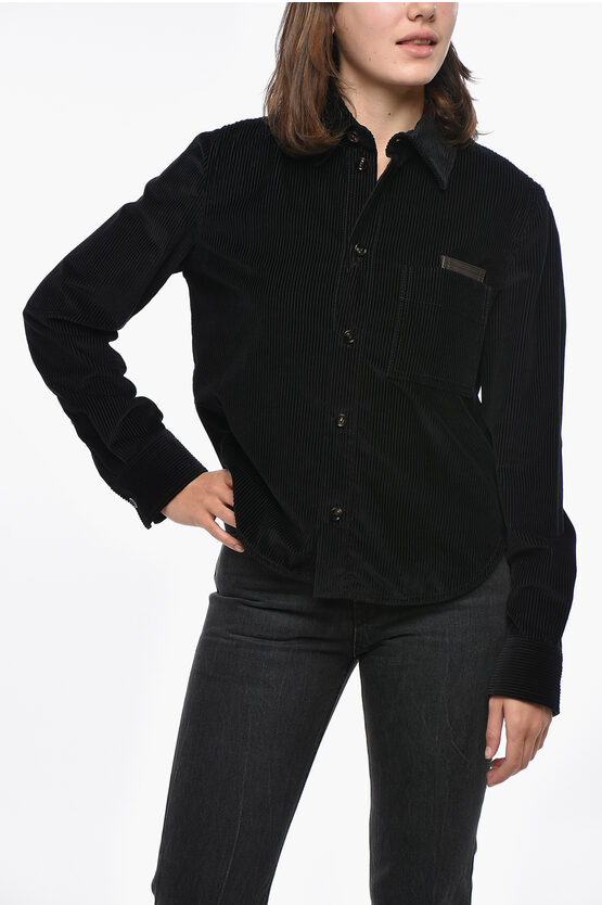Bottega Veneta Corduroy Shirt With Leather Breast-pocket In Black
