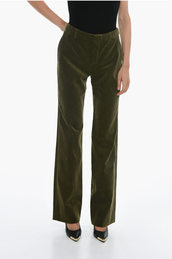 Saint Laurent Corduroy Trousers With Wide Leg In Green