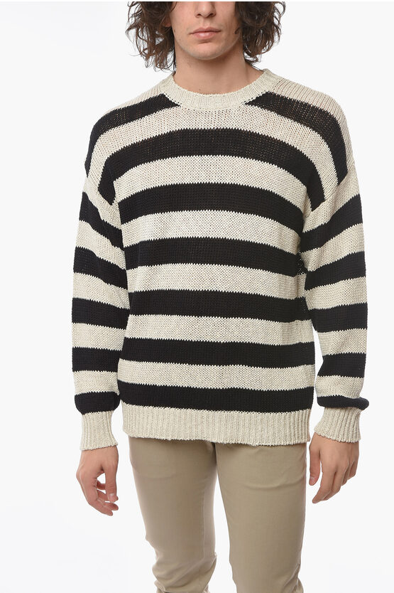 Roberto Collina Cotton And Linen Awning Striped Crew-neck Sweater In Black