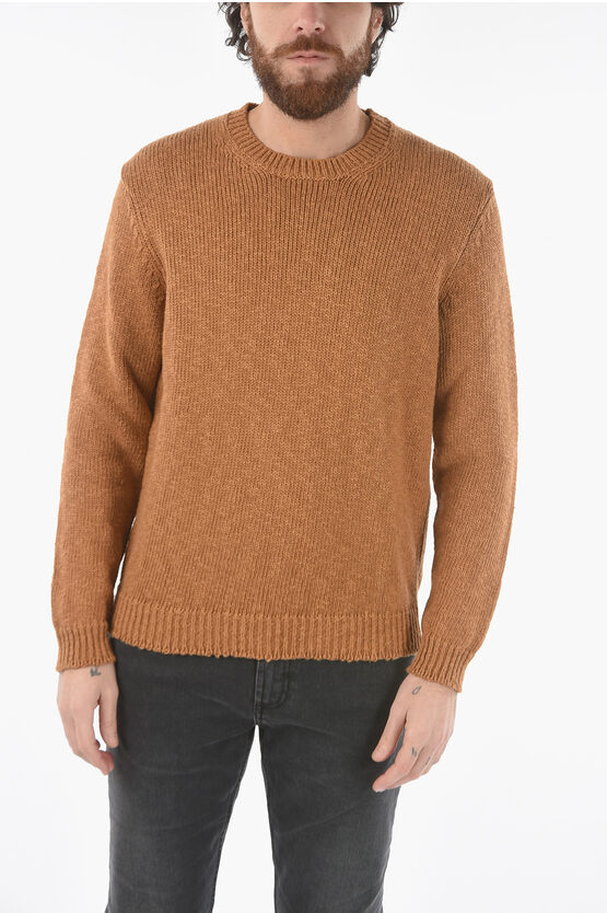 Altea Cotton And Linen Cable Knit Crew-neck Jumper In Brown