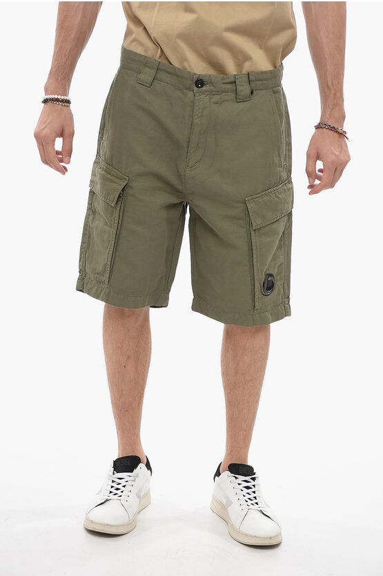 Shop C.p. Company Cotton And Linen Cargo Shorts With Belt Loops