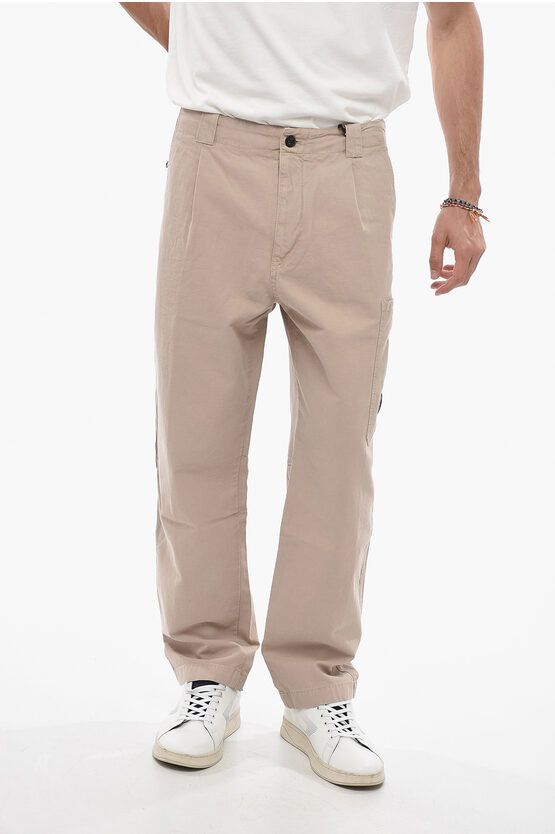 Shop C.p. Company Cotton And Linen Single-pleat Pants With Belt Loops