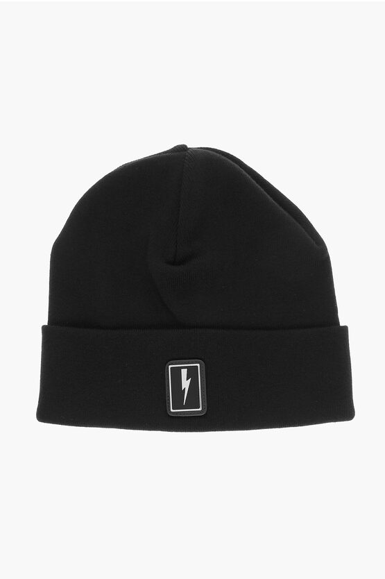 Neil Barrett Cotton And Silk Enamel Badge Beanie With Patch Logo In Black
