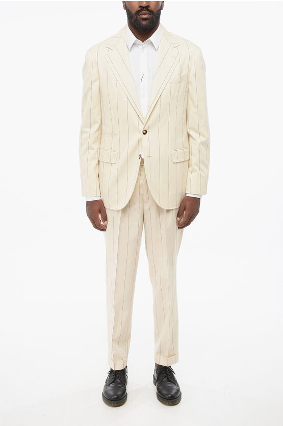Brunello Cucinelli Cotton And Wool Pinstriped Suit With Notch Lapel In Neutral