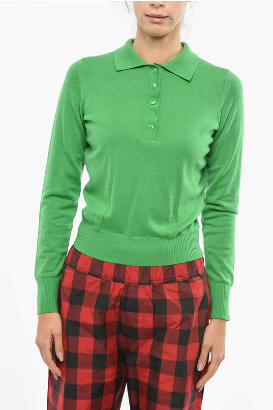 Samsoe & Samsoe Cotton And Wool Thea Sweater With Polo Shirt Collar In Green