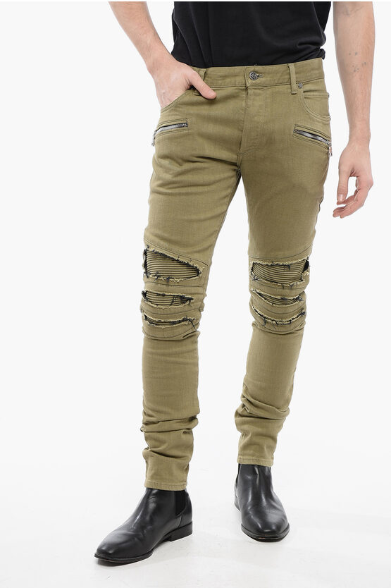 Balmain Cotton Biker Denims With Destroyed Details 15cm In Blue