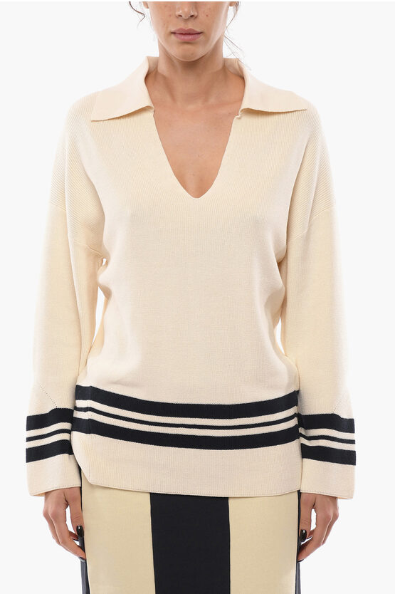 Rag & Bone Cotton Blend Amy Sweater With Striped Details And Polo Neck In Neutral