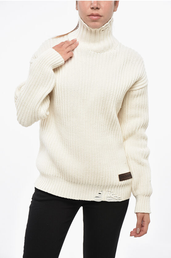 Dsquared2 Cotton Blend Broken Stitch Sweater With Double Collar In White