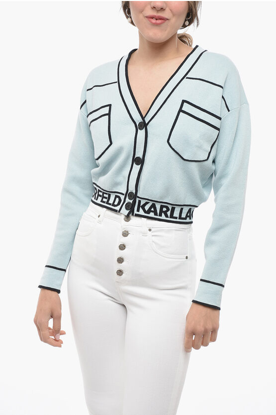 Shop Karl Lagerfeld Cotton Blend Cropped Cardigan With Double Breast Pocket And