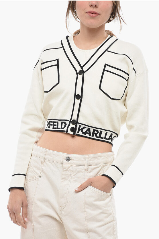 Shop Karl Lagerfeld Cotton Blend Cropped Cardigan With Double Breast Pocket And